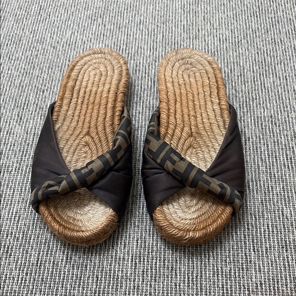 Fendi Brown Logo Crossband Rope Slide Sandals